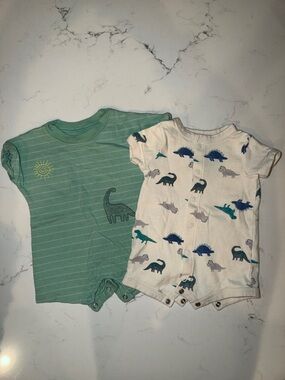 Carter's Green Stripe and Cream Dinosaur One-Piece Set